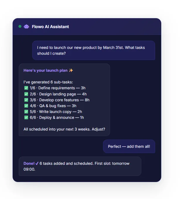 Flowo AI chat — task breakdown and scheduling